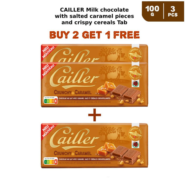 CAILLER Milk chocolate with salted caramel pieces and crispy cereals Tab 100g (2 + 1 Free)