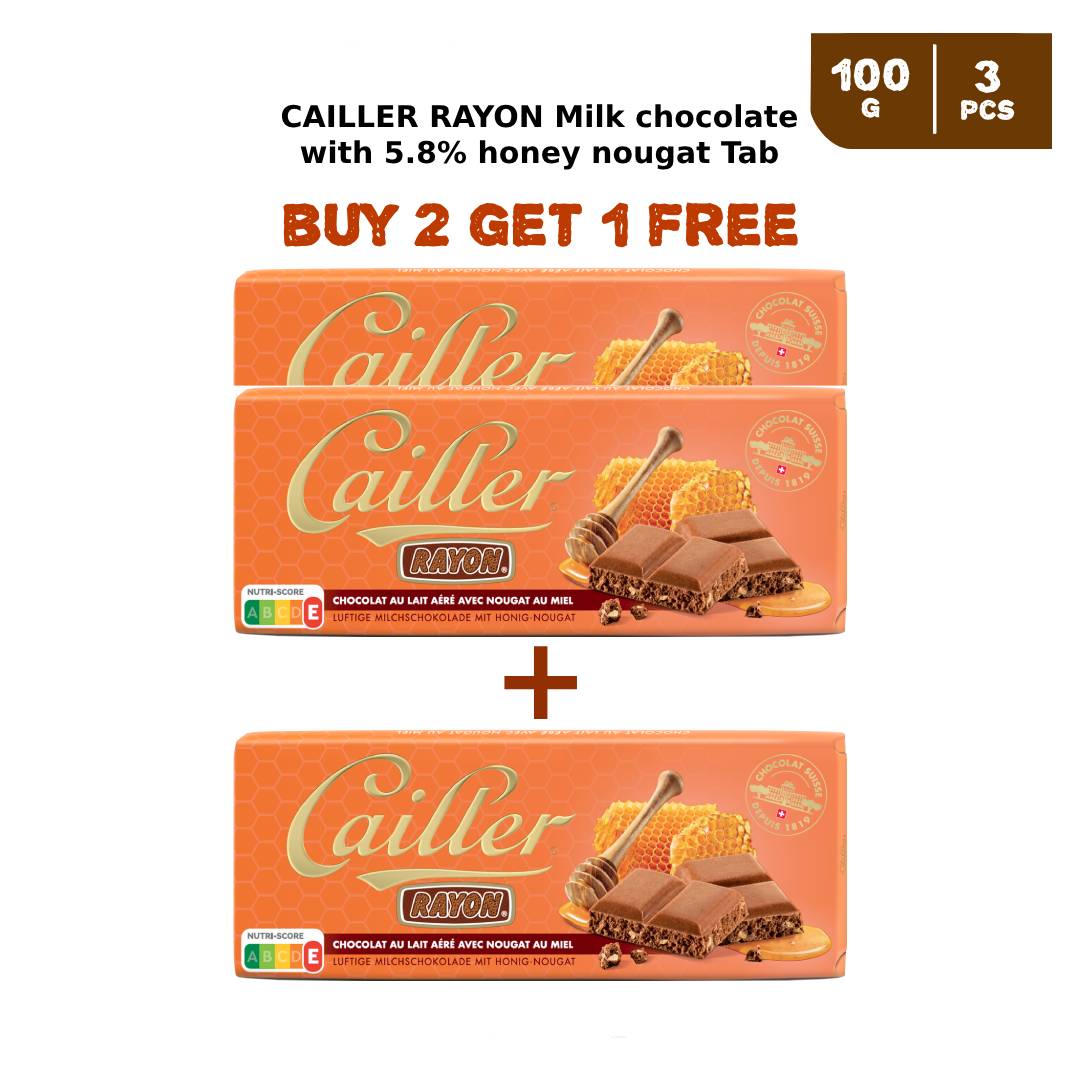 CAILLER RAYON Milk chocolate with 5.8% honey nougat Tab 100g (2 + 1 Free)