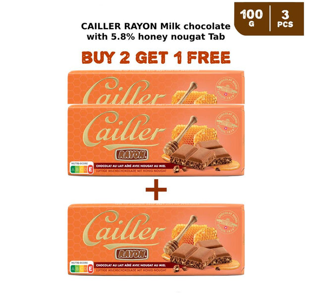 CAILLER RAYON Milk chocolate with 5.8% honey nougat Tab 100g (2 + 1 Free)