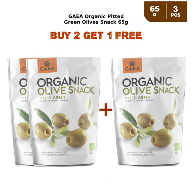 GAEA Organic Pitted Green Olives Snack 65g (2 + 1 Free)