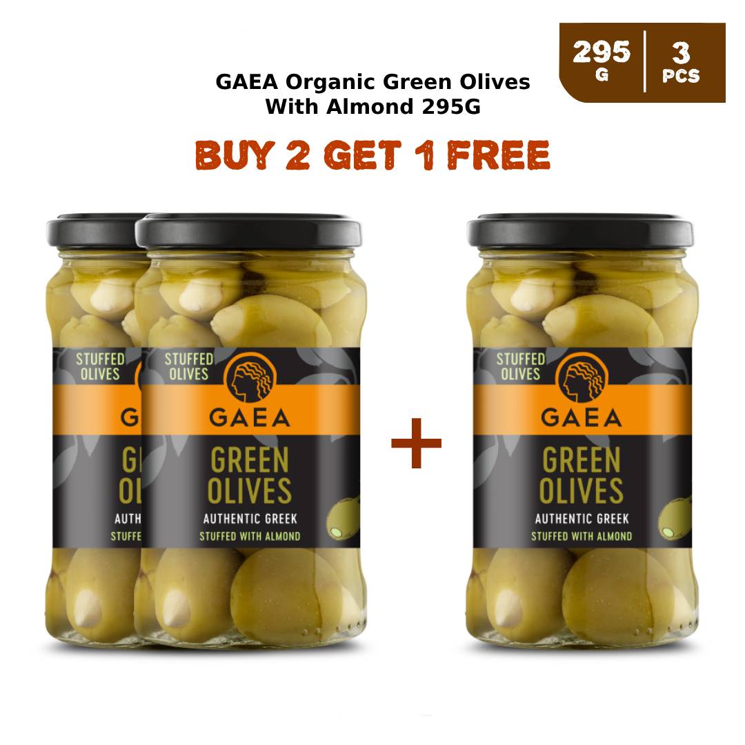 GAEA Organic Green Olives With Almond 295g (2 + 1 Free)