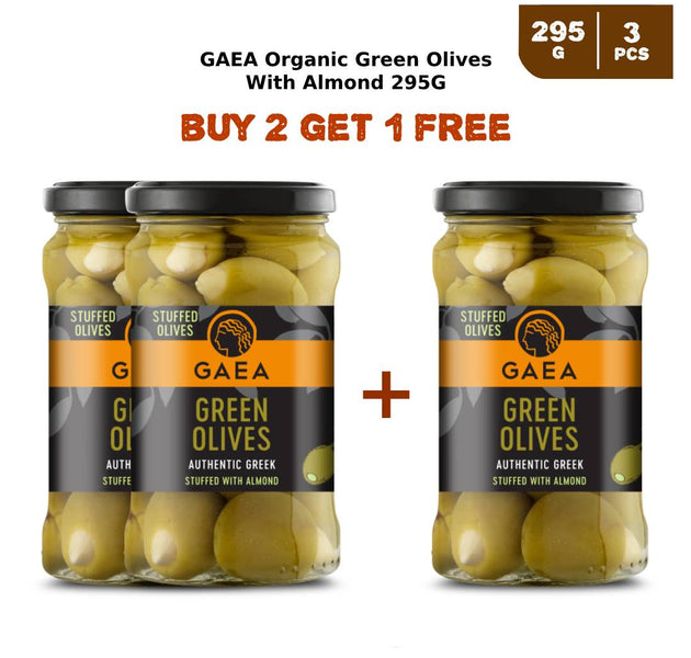 GAEA Organic Green Olives With Almond 295g (2 + 1 Free)