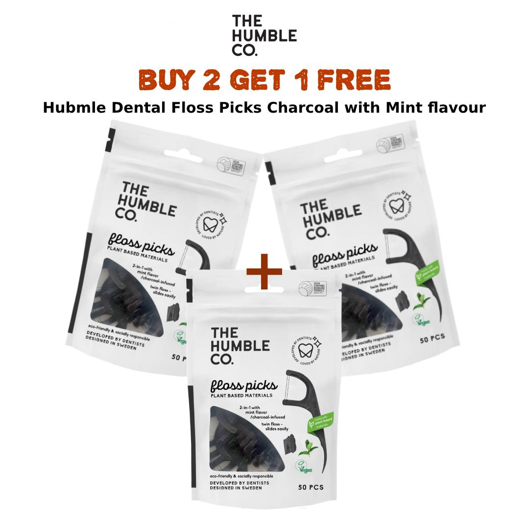 Hubmle Dental Floss Picks Charcoal with Mint flavour Packet (2 + 1 Free)