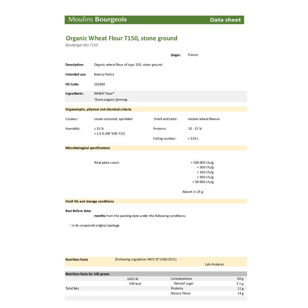 Moulins Bourgeois Organic Wheat Flour T150 Stone ground 25Kg