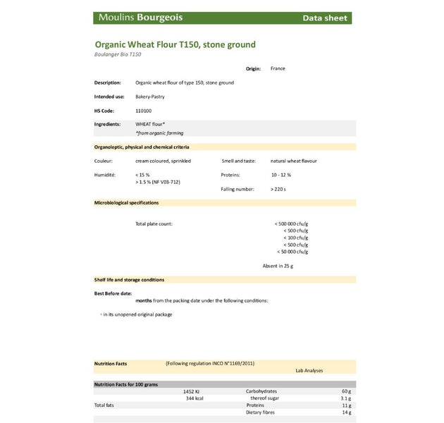 Moulins Bourgeois Organic Wheat Flour T150 Stone ground 25Kg