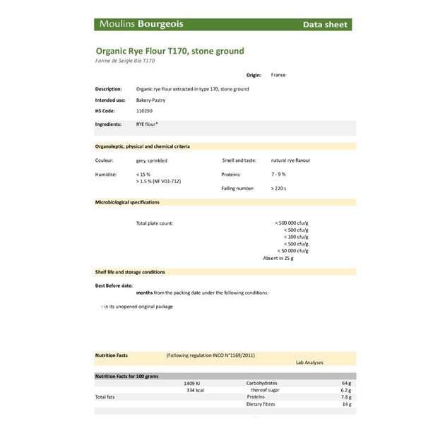 Moulins Bourgeois Organic Rye Flour T170 Stone ground 25Kg